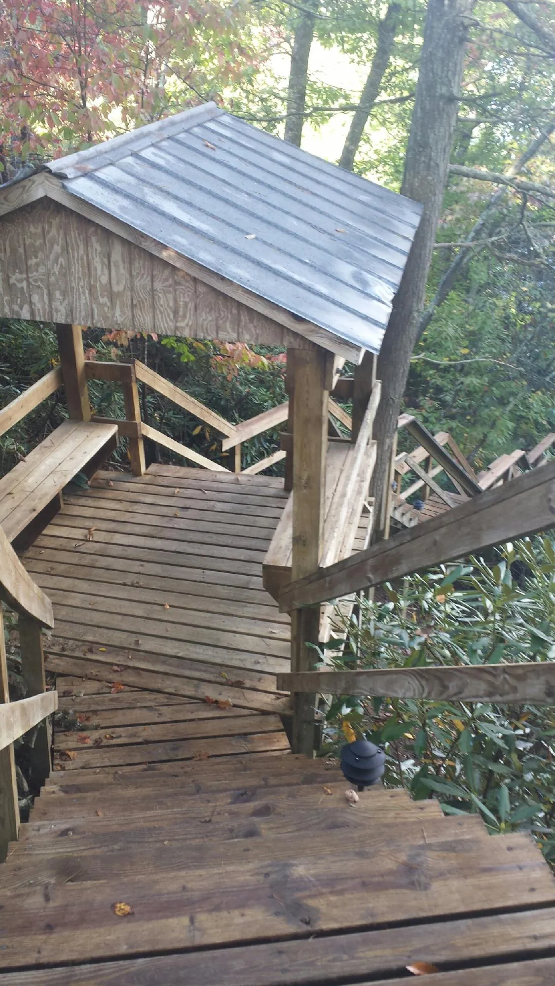 Metal roofed shelter over wooden steps on a wooded walkway — Skylight Repair & Installation work by our crew in Talladega